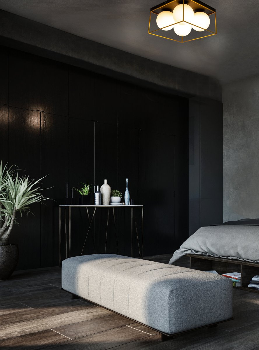 Astro 36cm Negro plafón De Aneta Lighting - L&aacute;mpara de techo Astro realizada en metal lacado en negro con 4 pantallas de cristal blanco opal enmarcadas en la base con detalles dorados.