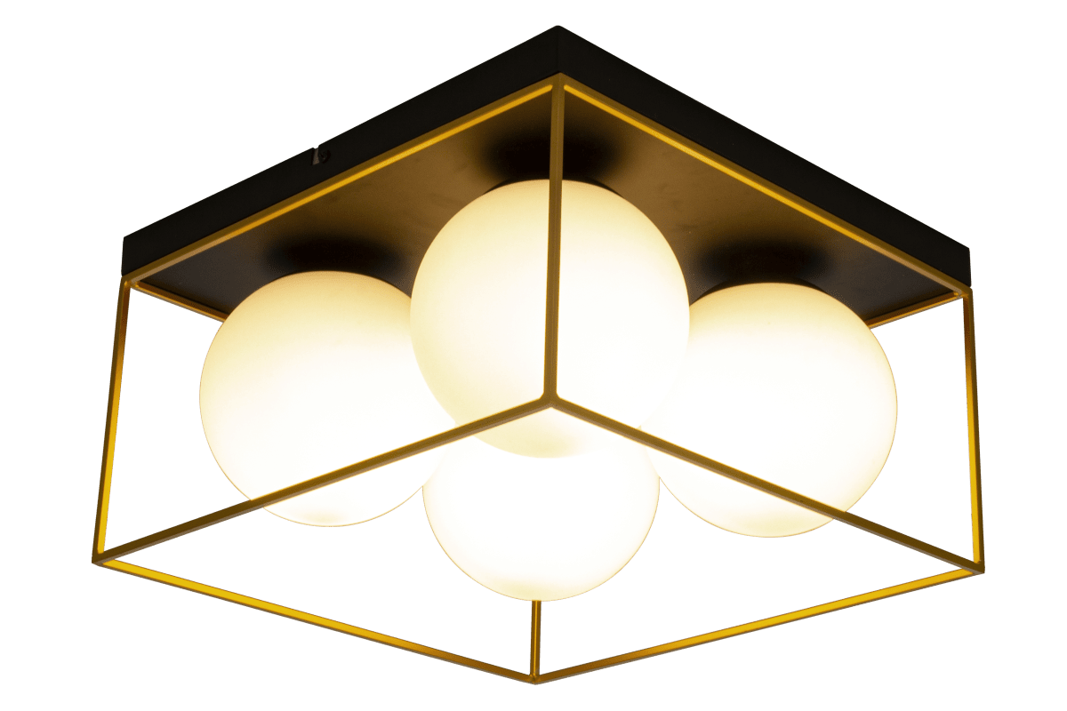 Astro 36cm Negro plafón De Aneta Lighting - L&aacute;mpara de techo Astro realizada en metal lacado en negro con 4 pantallas de cristal blanco opal enmarcadas en la base con detalles dorados.