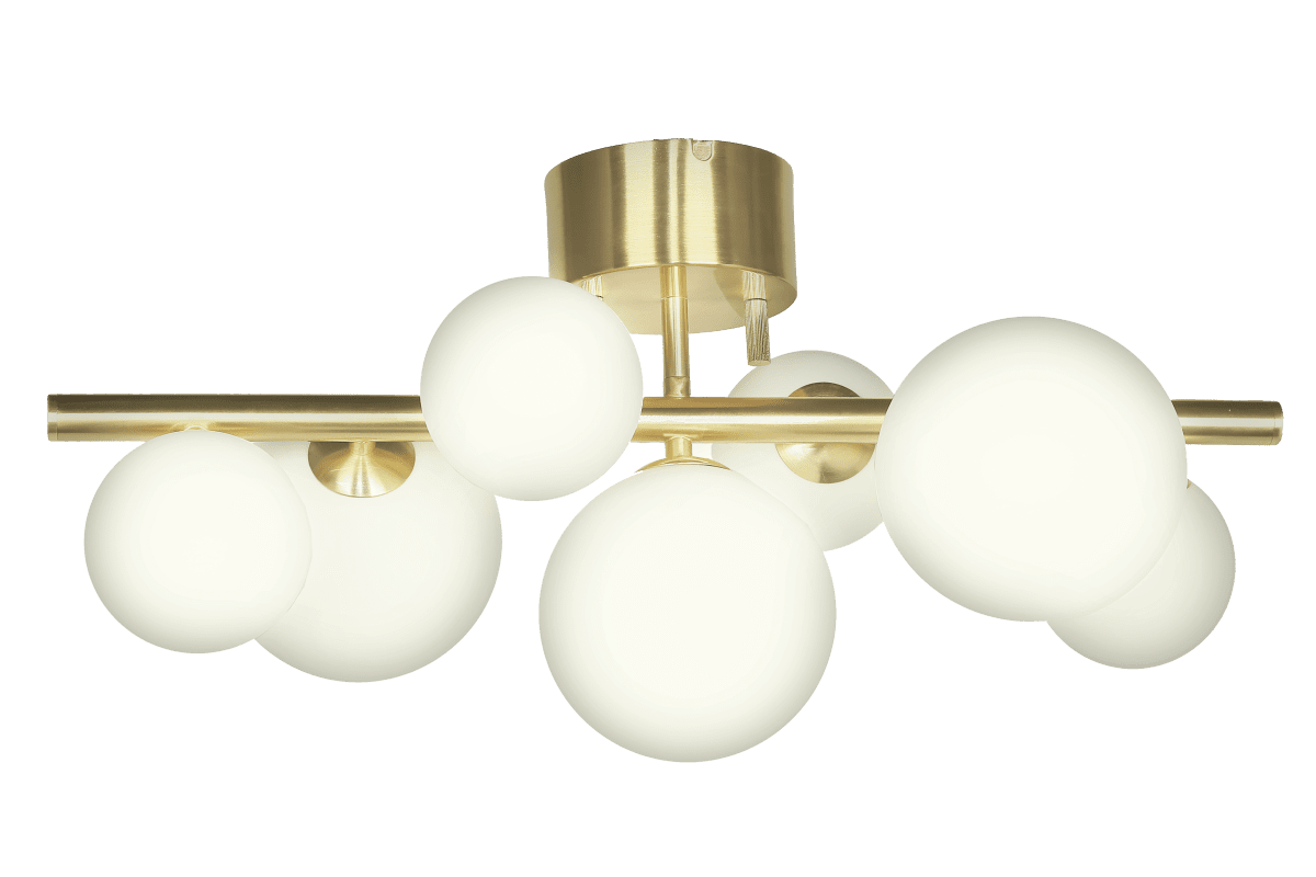 Molekyl 58cm Latón mate plafón De Aneta Lighting - Lámpara de techo de moda de Molekyl en latón mate con 7 pantallas de cristal blanco opal de diferentes tamaños, montadas en una barra de 58 cm de largo.