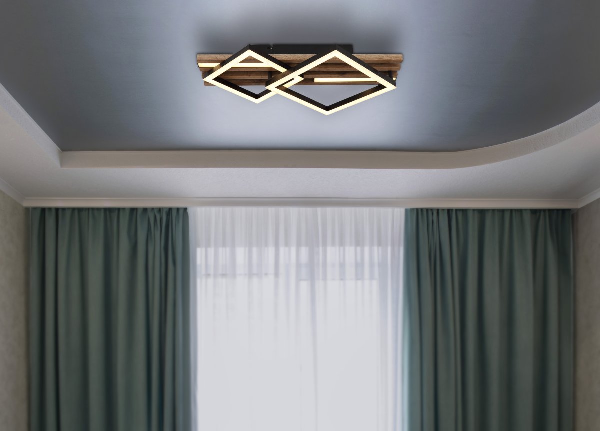 Obrien 47cm Madera plafón De Globo Lighting - Takf&auml;stet som efterliknar akustikpanel i kombination med de mattsvarta detaljerna i metall bidrar med industriell k&auml;nsla till rummet.