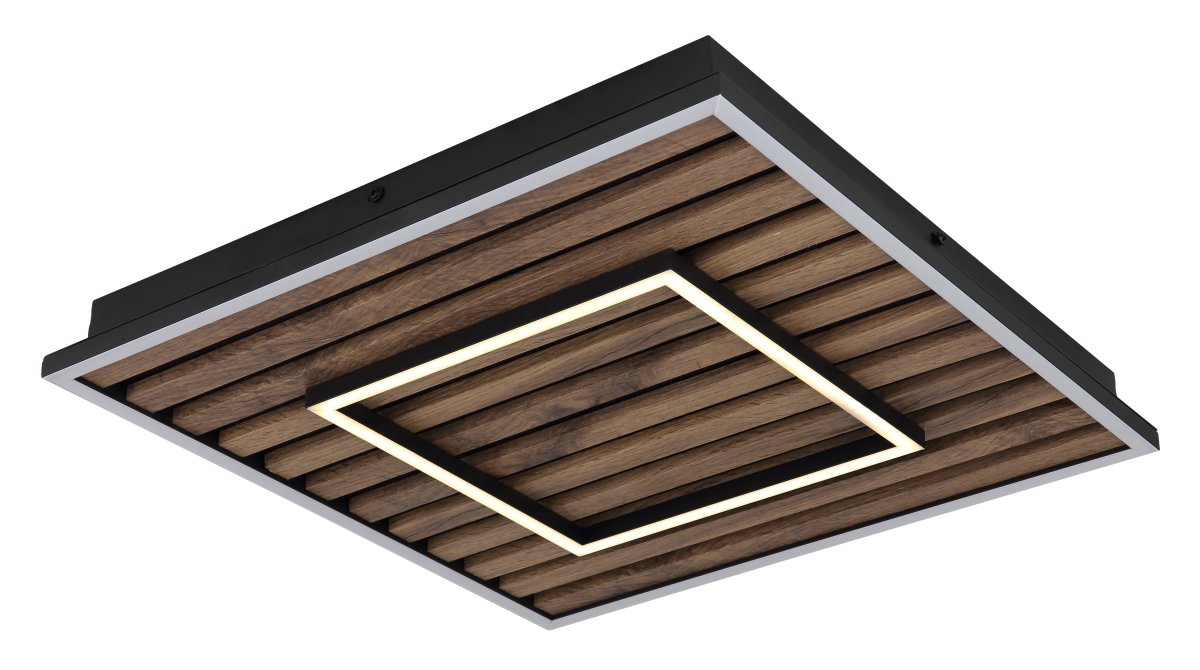 Woody 45cm Madera plafón De Globo Lighting - Takf&auml;stet som efterliknar akustikpanel i kombination med de mattsvarta detaljerna i metall bidrar med industriell k&auml;nsla till rummet.