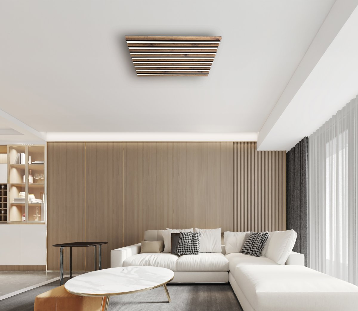 Hayden 60cm Madera plafón De Globo Lighting - Den kvadratiska plafonden Hayden &ouml;vertalar med sin moderna akustikpanel-look och bidrar med en h&auml;rlig ljusspridning i rummet.