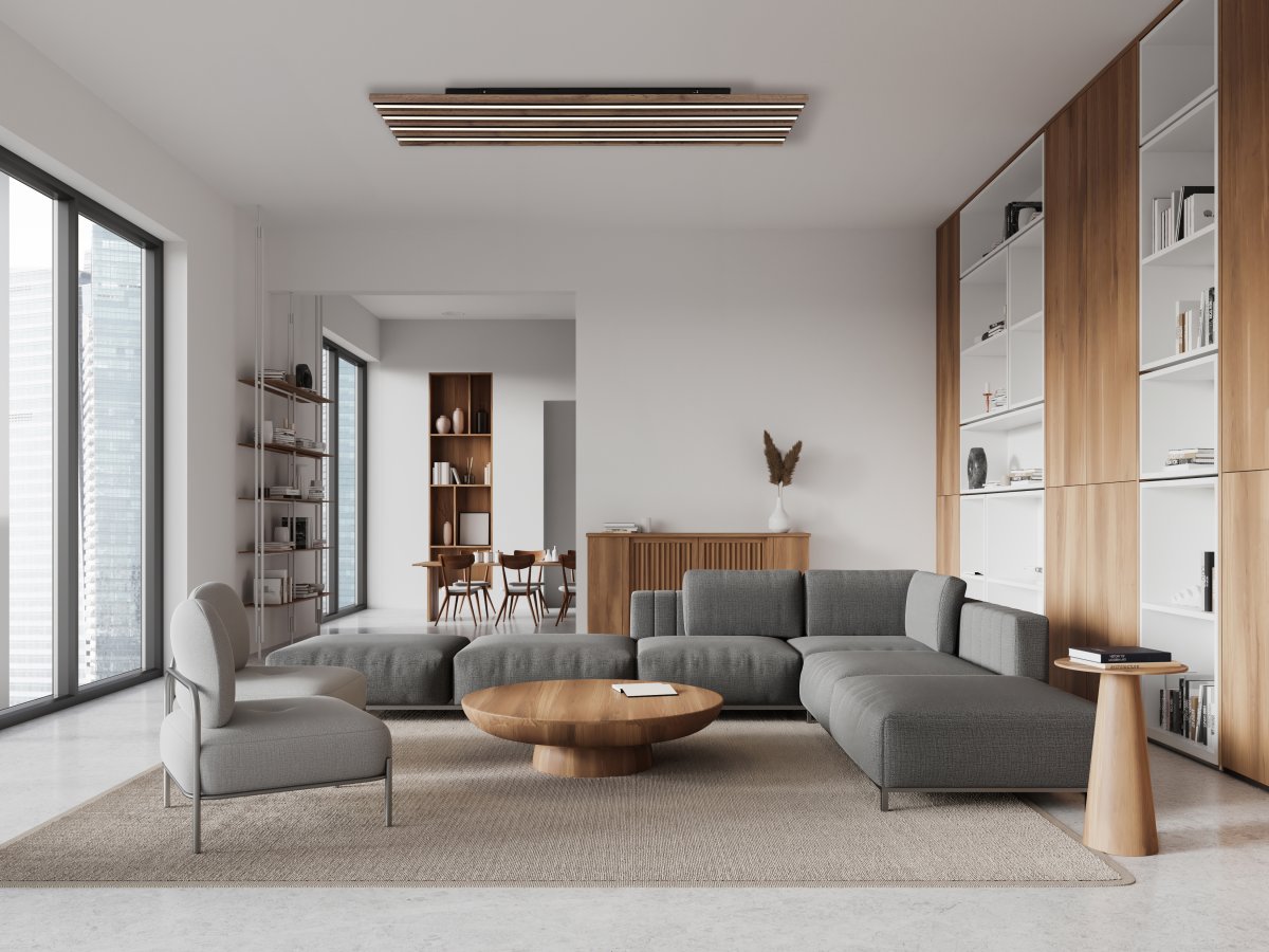 Hayden 120cm Madera plafón De Globo Lighting - Den rektangul&auml;ra plafonden Hayden &ouml;vertalar med sin moderna akustikpanel-look och bidrar med en h&auml;rlig ljusspridning i rummet.