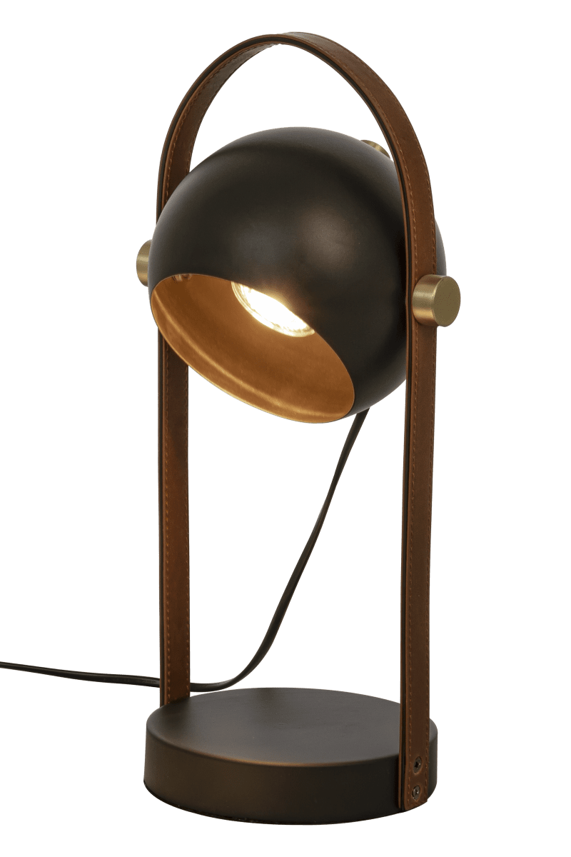 Bow 38cm Negro lámpara de mesa De Aneta Lighting - Lámpara de mesa Bow en metal lacado negro con detalles en latón mate y piel marrón.