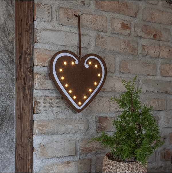 Merry Marrón De Star Trading - Acogedora decoraci&oacute;n navide&ntilde;a con forma de coraz&oacute;n de jengibre hecha de fieltro.