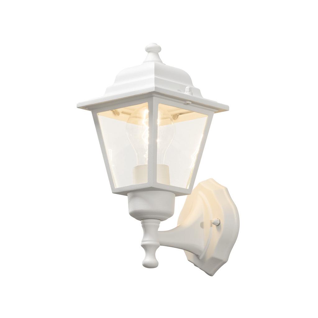 Vägglykta Blanco lámpara de exterior De Konstsmide - Con su diseño en forma de linterna y paneles de vidrio transparente, la lámpara emite una luz cálida y acogedora que es perfecta para entradas, patios y pasillos.