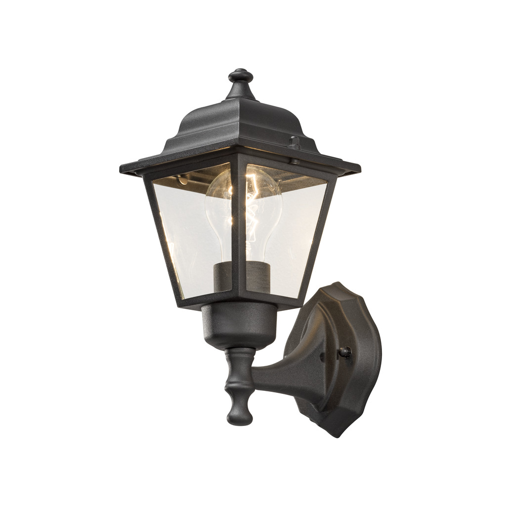 Vägglykta Negro lámpara de exterior De Konstsmide - Con su diseño en forma de linterna y paneles de vidrio transparente, la lámpara emite una luz cálida y acogedora que es perfecta para entradas, patios y pasillos.
