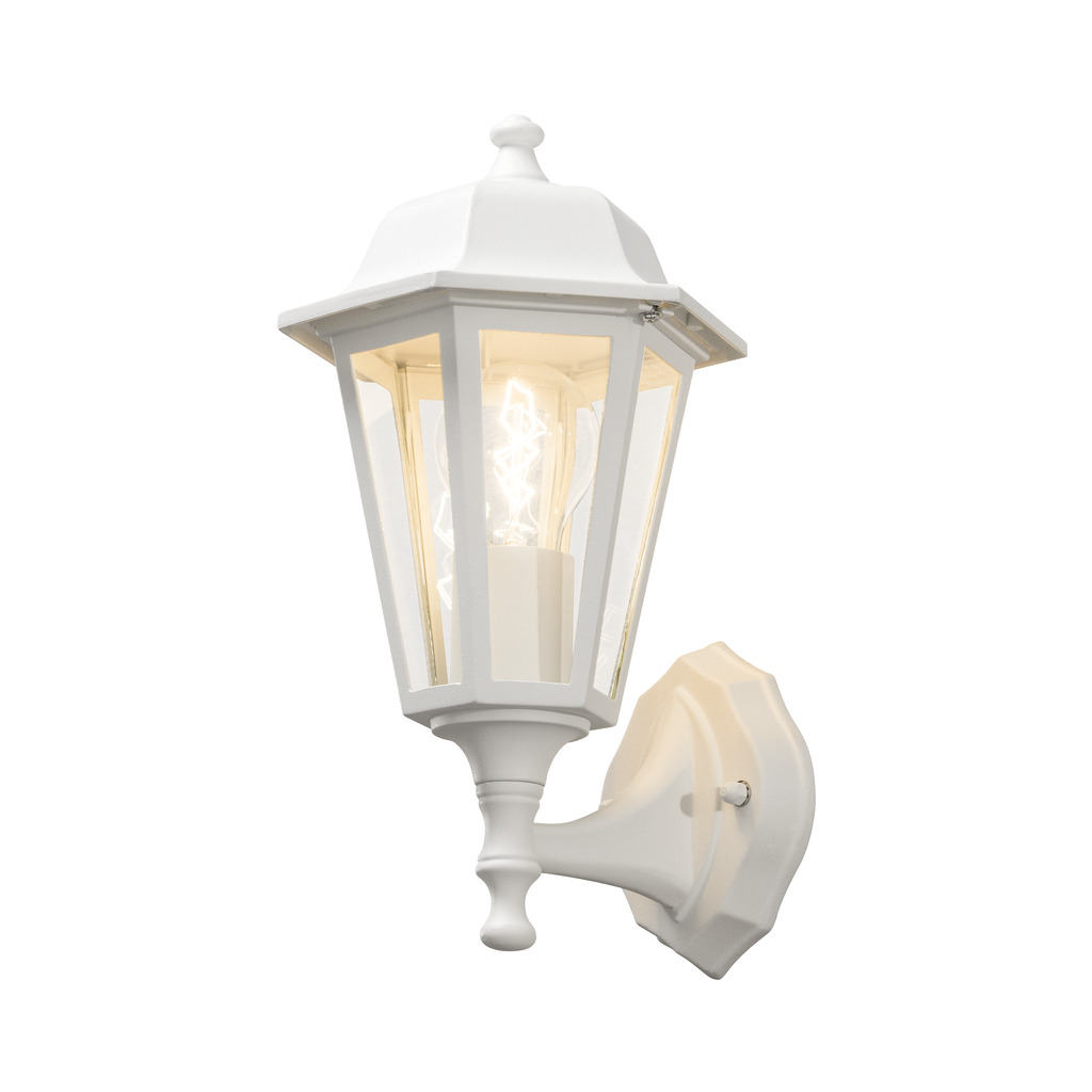 Vägglykta Blanco lámpara de exterior De Konstsmide - Con su diseño en forma de linterna y paneles de vidrio transparente, la lámpara emite una luz cálida y acogedora que es perfecta para entradas, patios y pasillos.