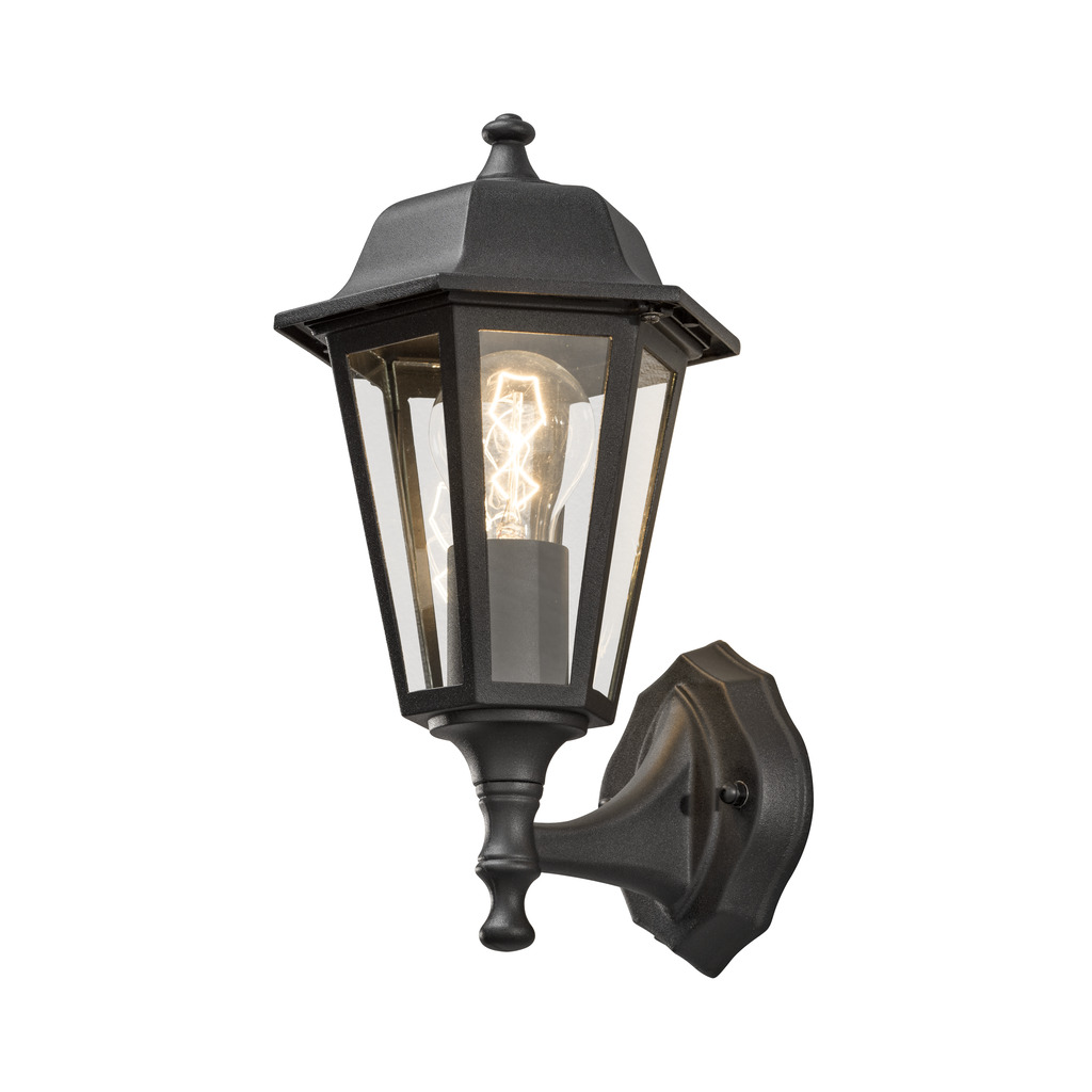 Vägglykta Negro lámpara de exterior De Konstsmide - Con su diseño en forma de linterna y paneles de vidrio transparente, la lámpara emite una luz cálida y acogedora que es perfecta para entradas, patios y pasillos.
