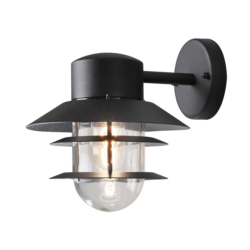 Modena Negro lámpara de exterior De Konstsmide - Con su techo protector y su elegante diseño, proporciona una luz agradable y dirigida, ideal para crear un ambiente seguro y acogedor al aire libre.
