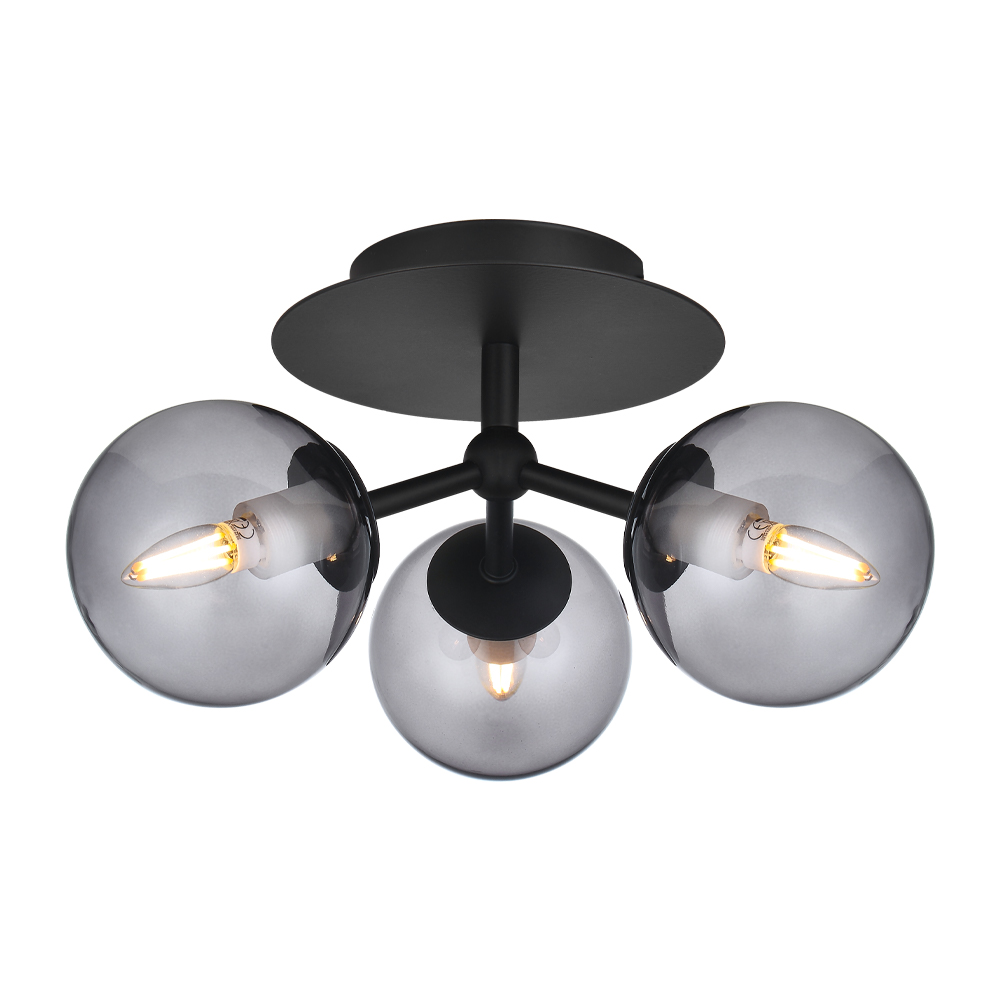 Atom Ø26cm Negro plafón De Halo Design - Las tres pantallas de cristal ahumado garantizan una agradable distribución de la luz en la estancia.