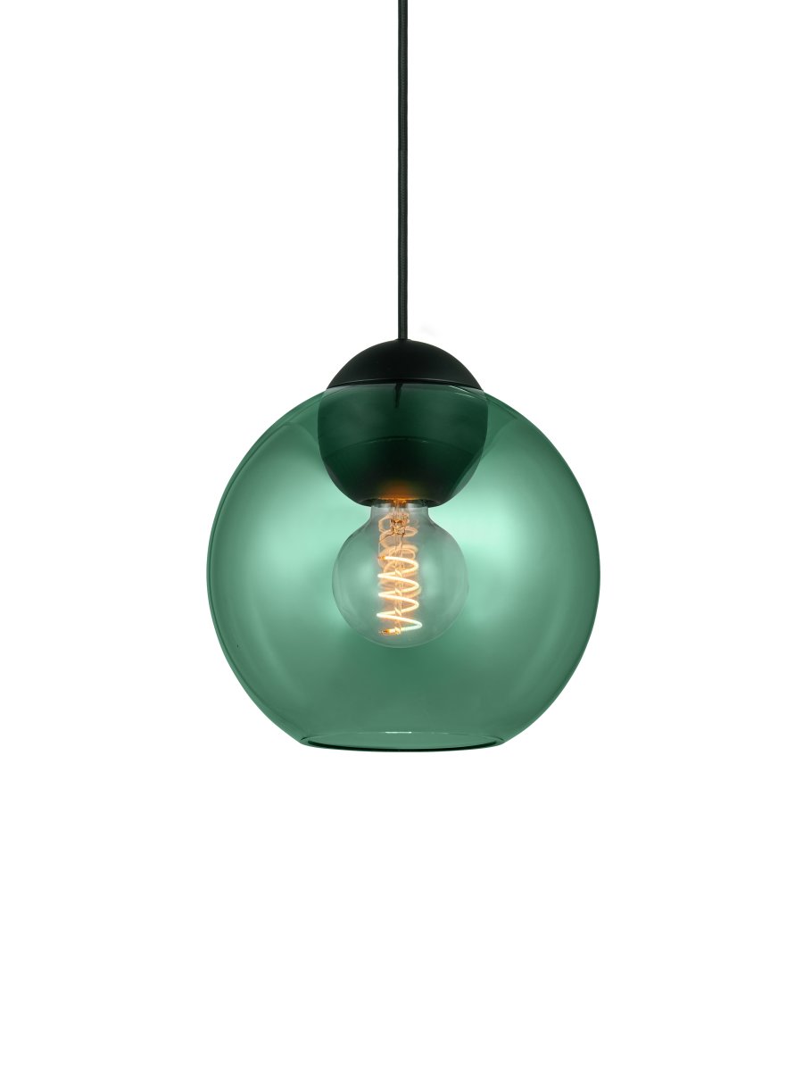 Bubbles Ø24 Verde Lámpas de techo De Halo Design - El vidrio verde en combinación con los detalles de metal negro mate añade elegancia y, cuando está encendido, garantiza una hermosa distribución de la luz en la habitación.