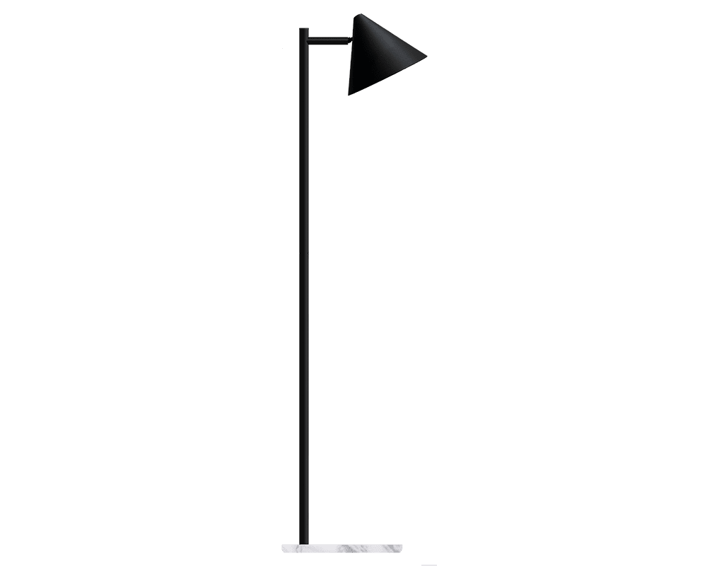 Tratt Micro Negro/mármol lámpara de pie De Westal - La l&aacute;mpara de pie Funnel est&aacute; fabricada en acero inoxidable con recubrimiento de polvo negro y cuenta con una base de m&aacute;rmol blanco.