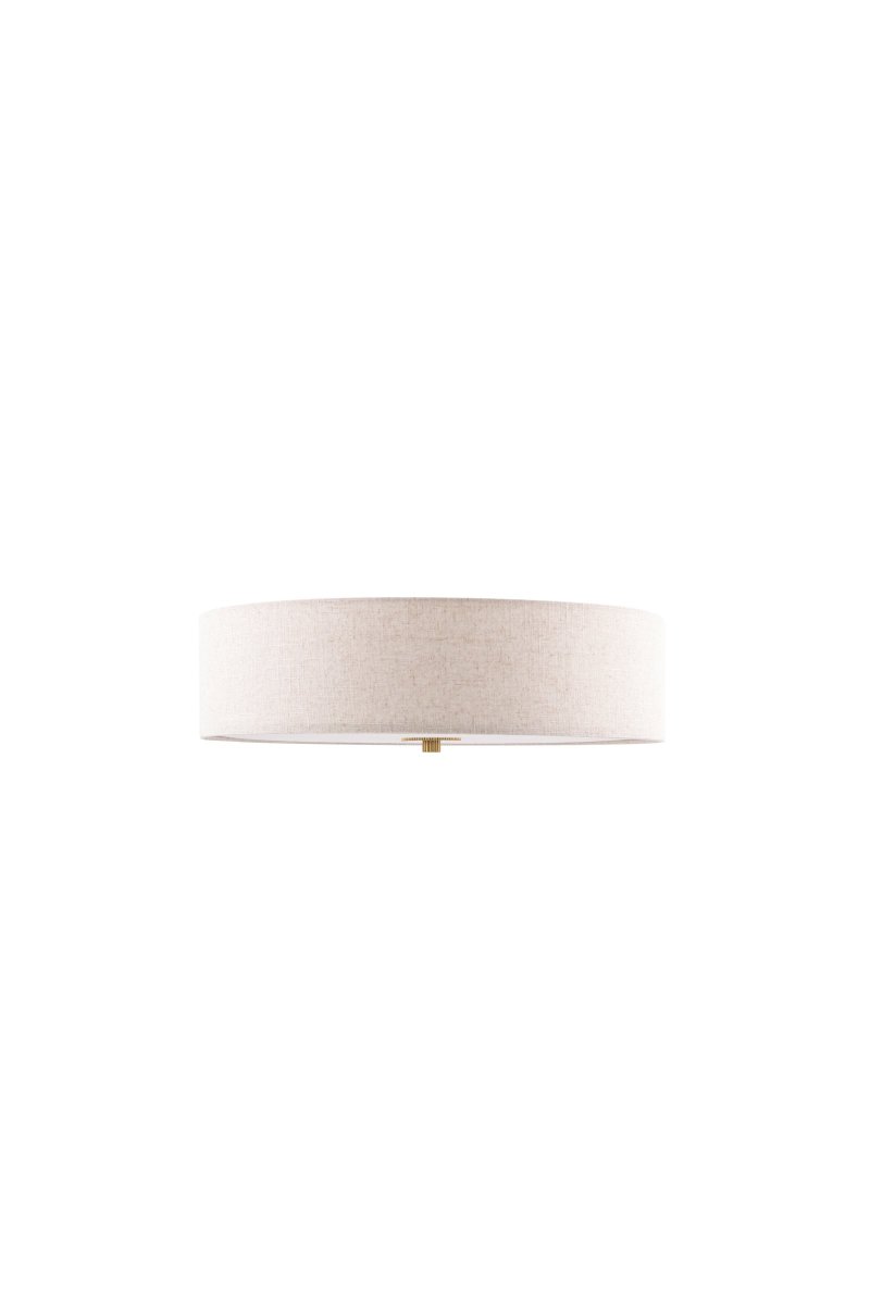 Noah Ø35 Beige plafón De Globen Lighting - Presenta detalles de lat&oacute;n pulido, una tela con estampado vibrante y un protector antideslumbrante blanco en la parte inferior para crear una luz agradable.