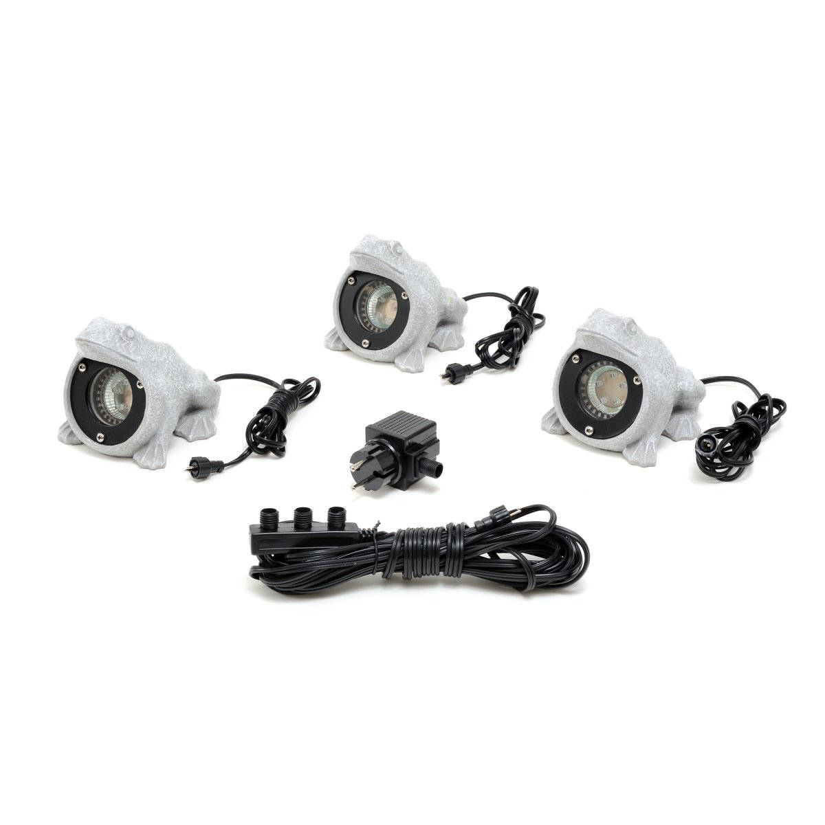 Amalfi Ranas Gris De Konstsmide - El conjunto consta de tres ranas decorativas con luces LED integradas que emiten una luz blanca c&aacute;lida y suave, perfecta para crear un ambiente acogedor en el jard&iacute;n, junto al estanque o en el patio.