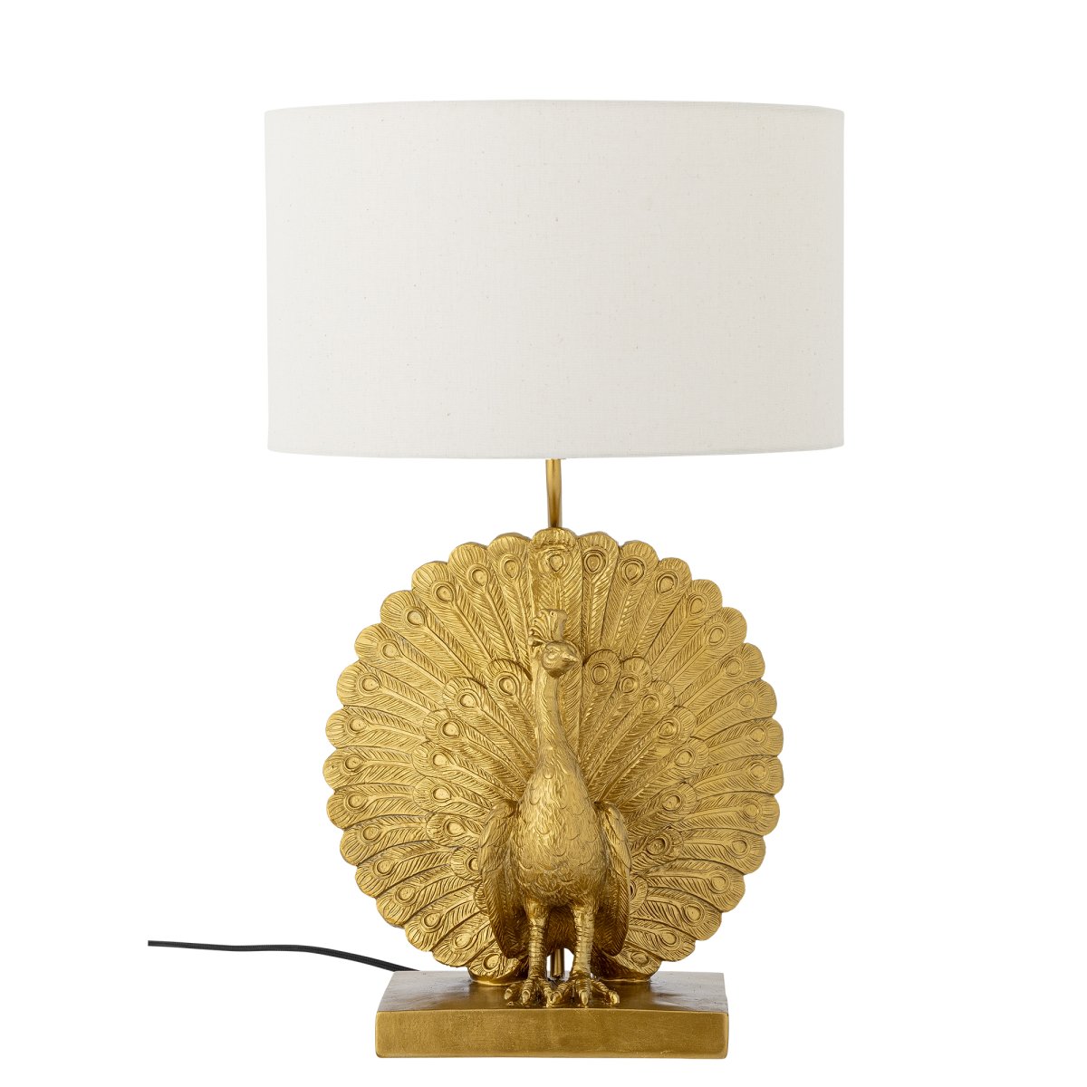 Peacock 58cm Oro lámpara de mesa De Bloomingville - La l&aacute;mpara de mesa Peacock es una l&aacute;mpara decorativa y expresiva con una base escultural en forma de pavo real, hecha de poliresina con un elegante acabado dorado.