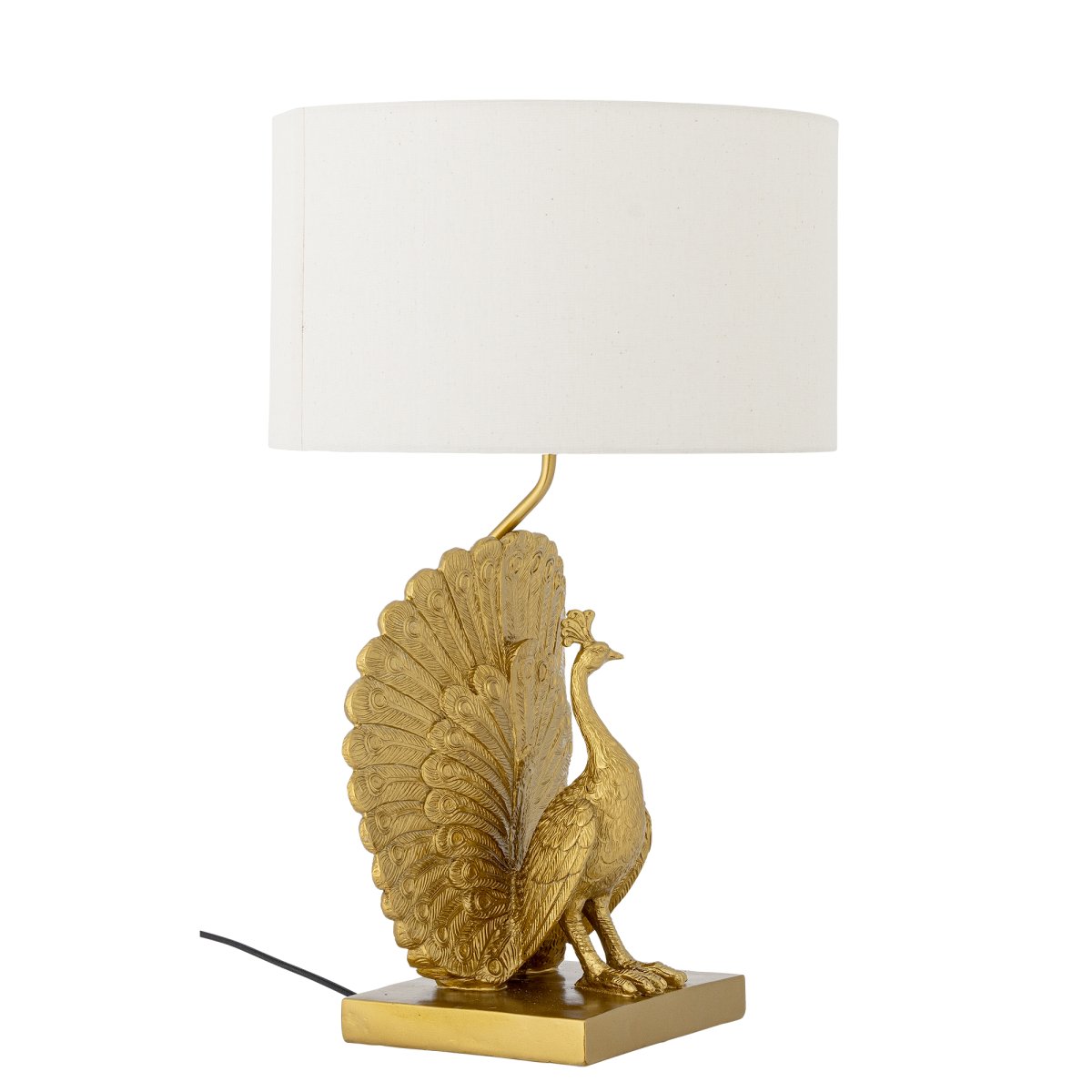 Peacock 58cm Oro lámpara de mesa De Bloomingville - La l&aacute;mpara de mesa Peacock es una l&aacute;mpara decorativa y expresiva con una base escultural en forma de pavo real, hecha de poliresina con un elegante acabado dorado.