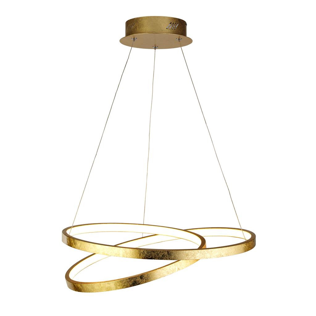 Float Ø47 Oro Lámpas de techo De Searchlight - Con un impresionante acabado en pan de oro, se complementa con una tira LED de plástico PC blanco suspendida de un soporte de techo metálico dorado a juego.