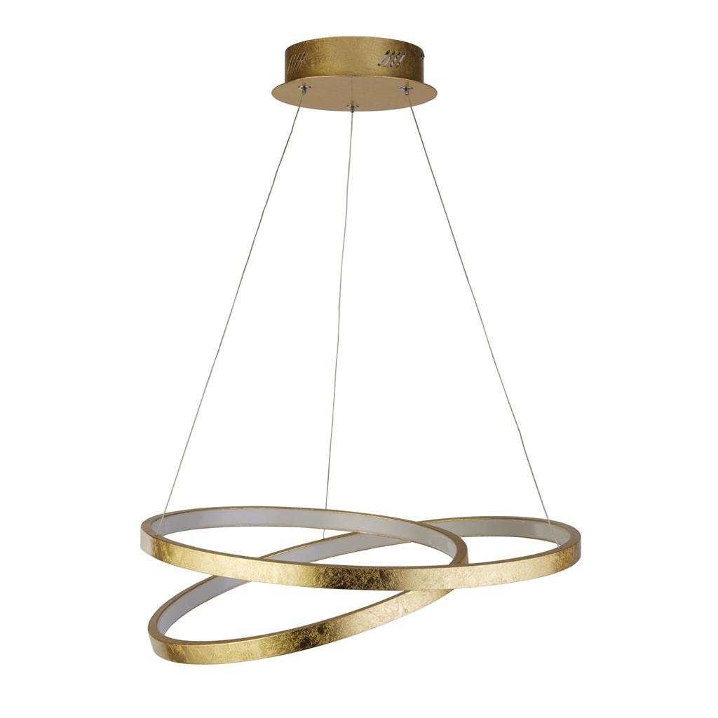 Float Ø47 Oro Lámpas de techo De Searchlight - Con un impresionante acabado en pan de oro, se complementa con una tira LED de plástico PC blanco suspendida de un soporte de techo metálico dorado a juego.