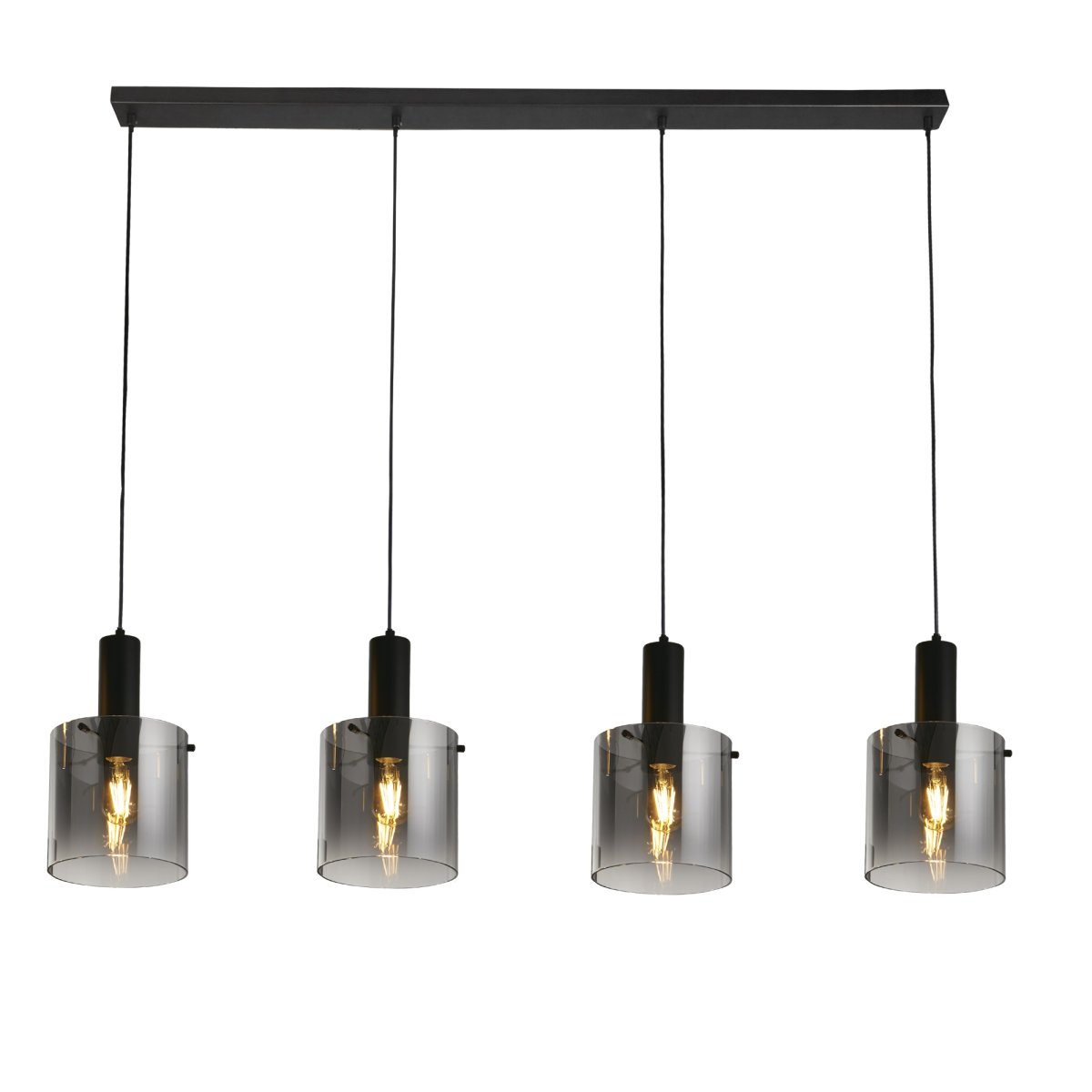 Sweden 142cm Negro Lámpas de techo De Searchlight - La elegante lámpara de techo Sweden, con sus cuatro cúpulas cilíndricas de cristal tintado en negro, proporciona una iluminación elegante y acogedora.