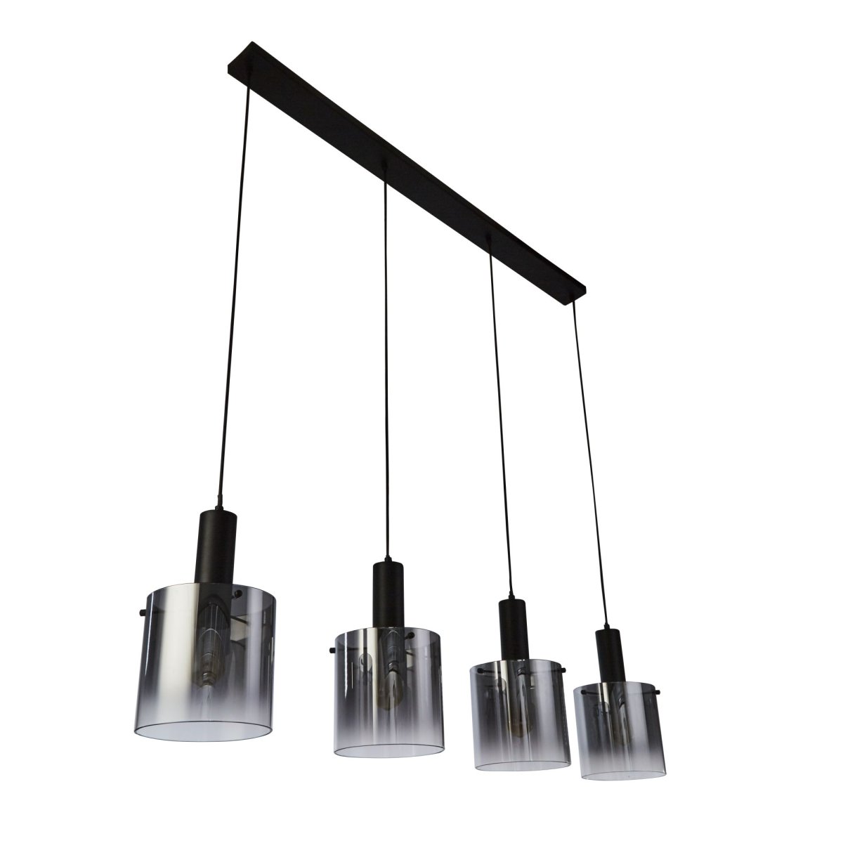 Sweden 142cm Negro Lámpas de techo De Searchlight - La elegante lámpara de techo Sweden, con sus cuatro cúpulas cilíndricas de cristal tintado en negro, proporciona una iluminación elegante y acogedora.