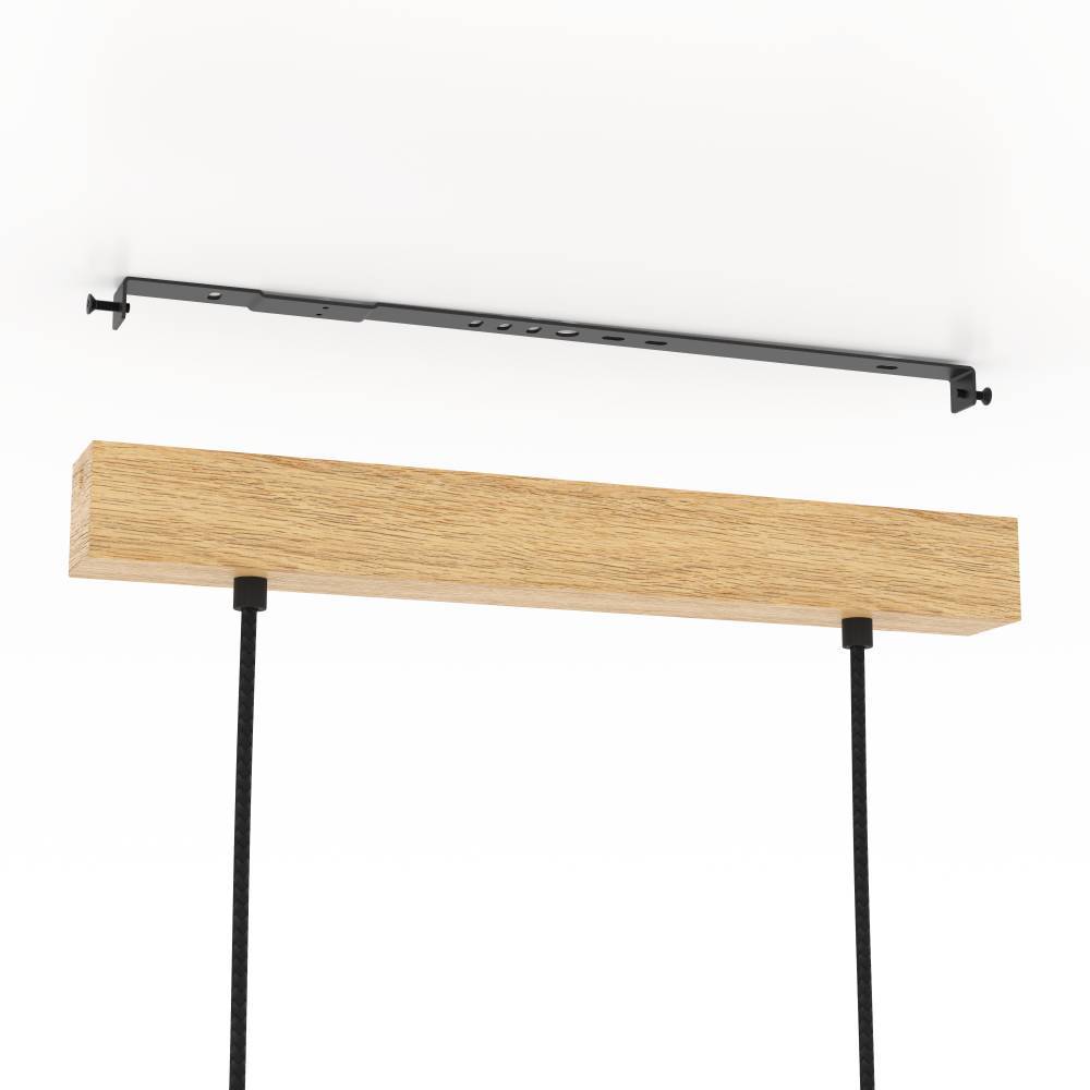 Castralvo 97cm Naturaleza Lámpas de techo De Eglo - Esta lámpara colgante combina tres pantallas negras con una base de madera clara, creando un ambiente armonioso y moderno.