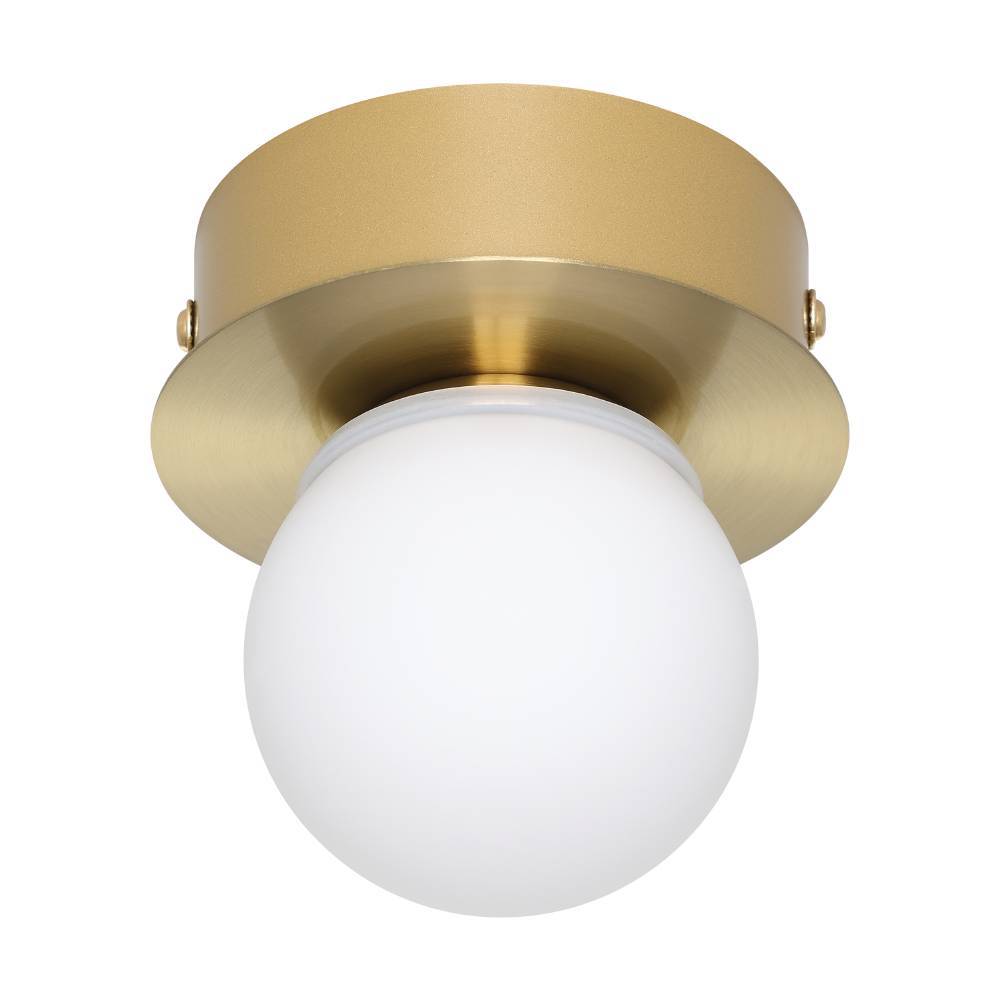 Mosiano Ø11 Oro lámpara de baño De Eglo - Con su pantalla de cristal suave y redonda y su base de metal de color dorado, crea una luz cálida y acogedora, perfecta para espacios más pequeños como pasillos o baños.