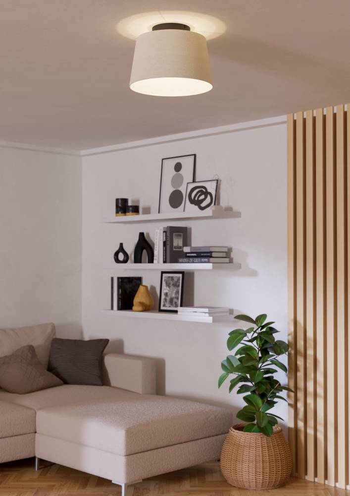 Febres Ø35 Blanco plafón De Eglo - El soporte de techo negro proporciona un elegante contraste con la pantalla de la lámpara y contribuye a un ambiente moderno en la habitación.