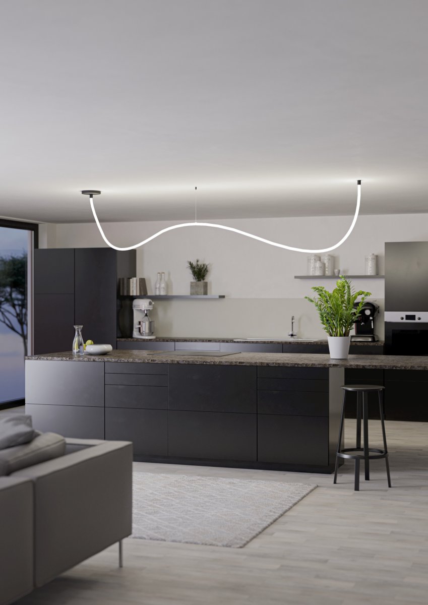Glow 300cm Negro Lámpas de techo De Eglo - La lámpara de techo Glow es una solución de iluminación flexible con un tubo de luz de silicona de 3 metros que se adapta a las dimensiones de la habitación.