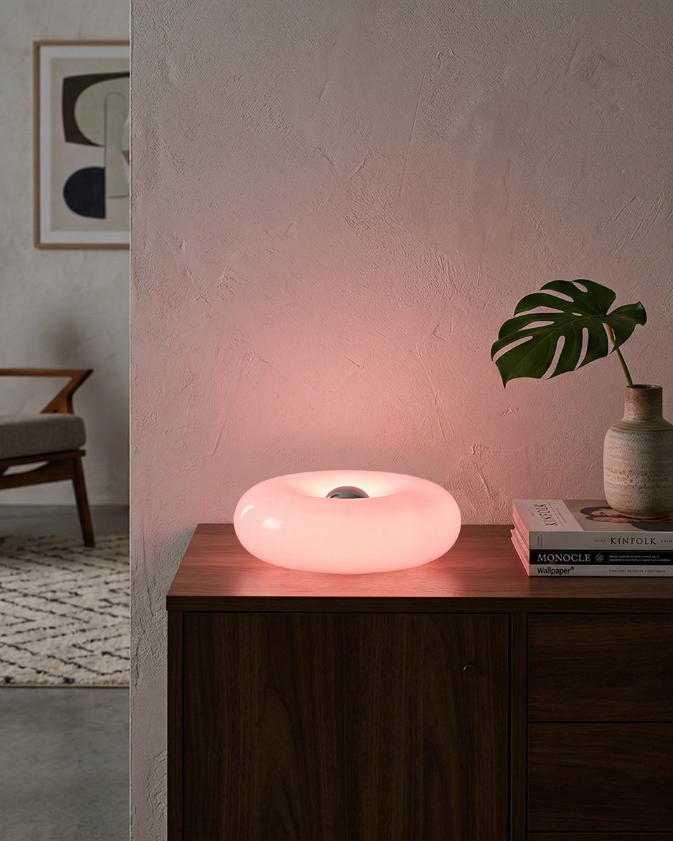 Basile 10cm Púrpura lámpara de mesa De Eglo - Basile es una lámpara decorativa de cristal violeta con detalles plateados y una forma suave y redondeada.