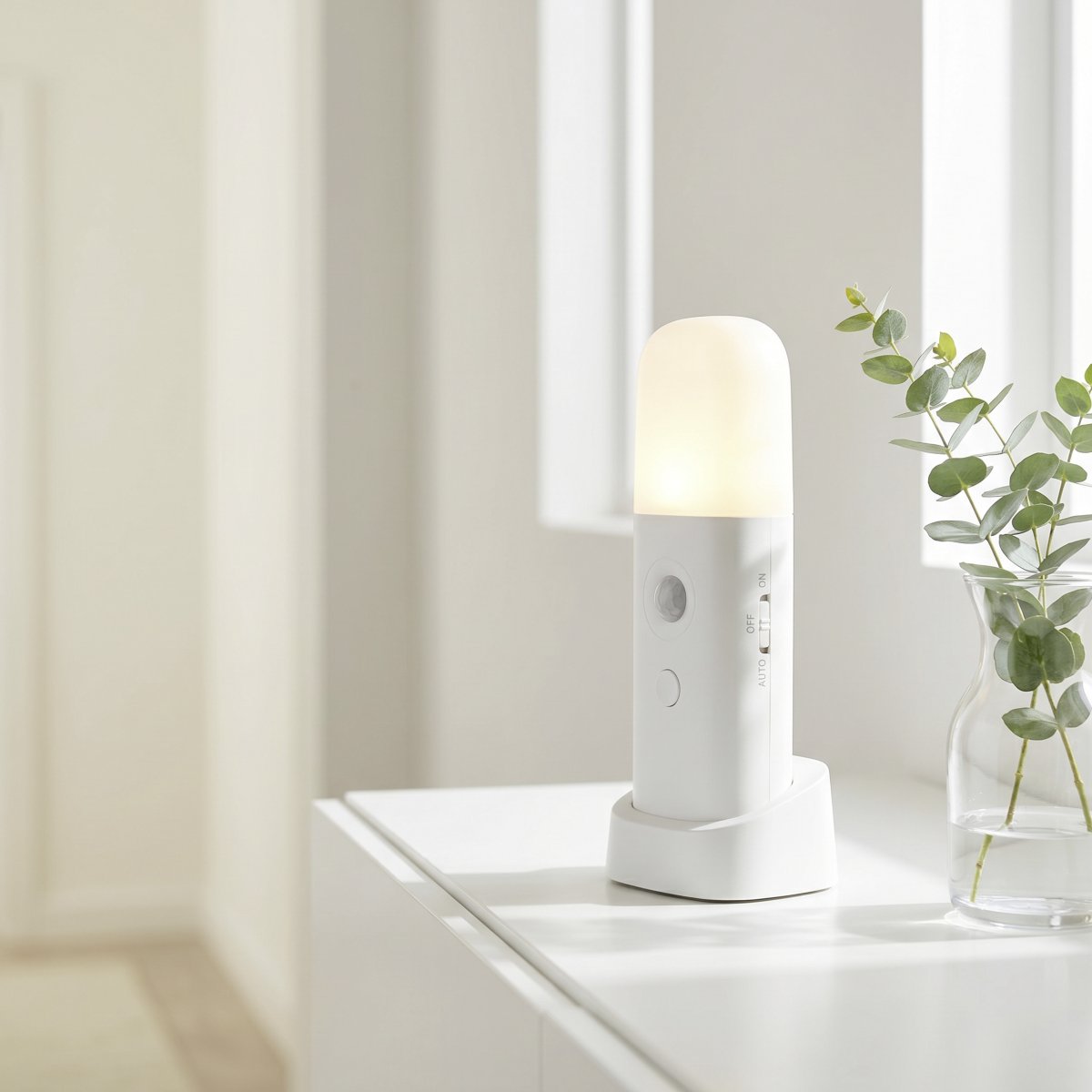 Merta Blanco portátil De Eglo - Merta cuenta con un sensor de movimiento y luz integrado, así como un interruptor de encendido/apagado de tres posiciones: ENCENDIDO, APAGADO y AUTOMÁTICO.