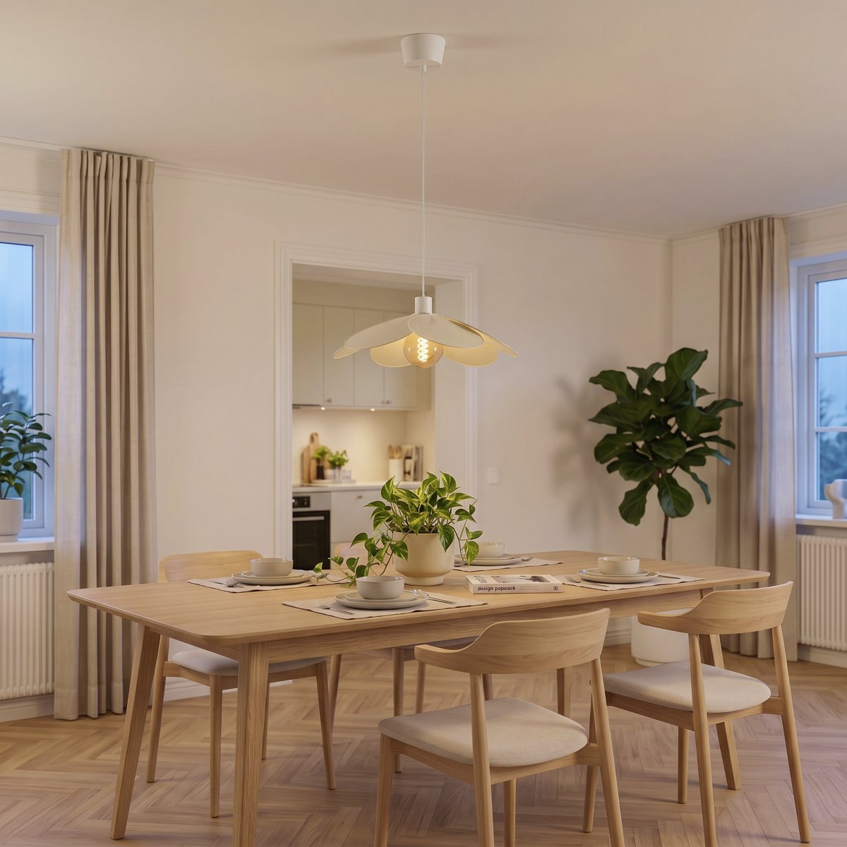 Binacua Ø40 Beige Lámpas de techo De Eglo - Binacua es una lámpara colgante decorativa con una pantalla en forma de flor, confeccionada en tela beige.