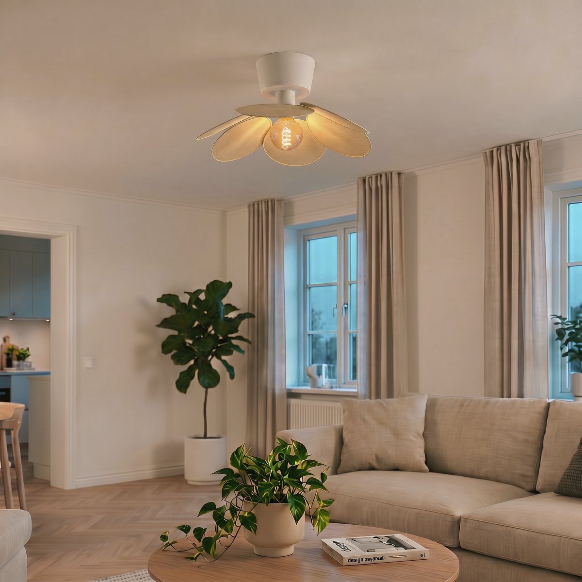 Binacua Ø45 Beige plafón De Eglo - Binacua es una lámpara de techo decorativa con una pantalla en forma de flor, confeccionada en tela beige.