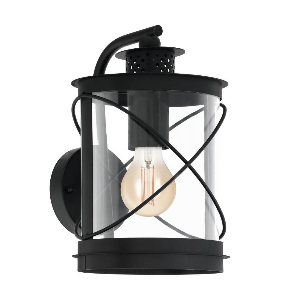 Hilburn Negro lámpara de exterior De Eglo - Esta lámpara de pared tiene un diseño clásico de linterna que combina un marco negro robusto con vidrio transparente, lo que la hace ideal para la iluminación exterior.