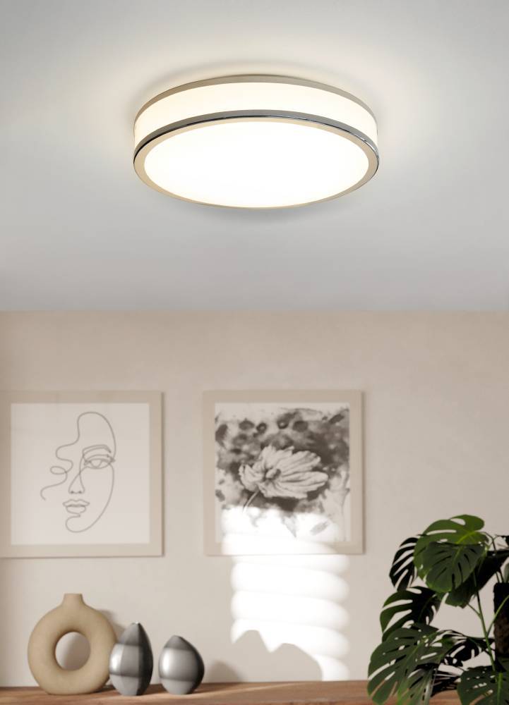 Palermo Ø40 Blanco plafón De Eglo - Con un elegante dise&ntilde;o cromado y un panel LED que brilla suavemente, ofrece una apariencia est&eacute;ticamente agradable y una iluminaci&oacute;n energ&eacute;ticamente eficiente.