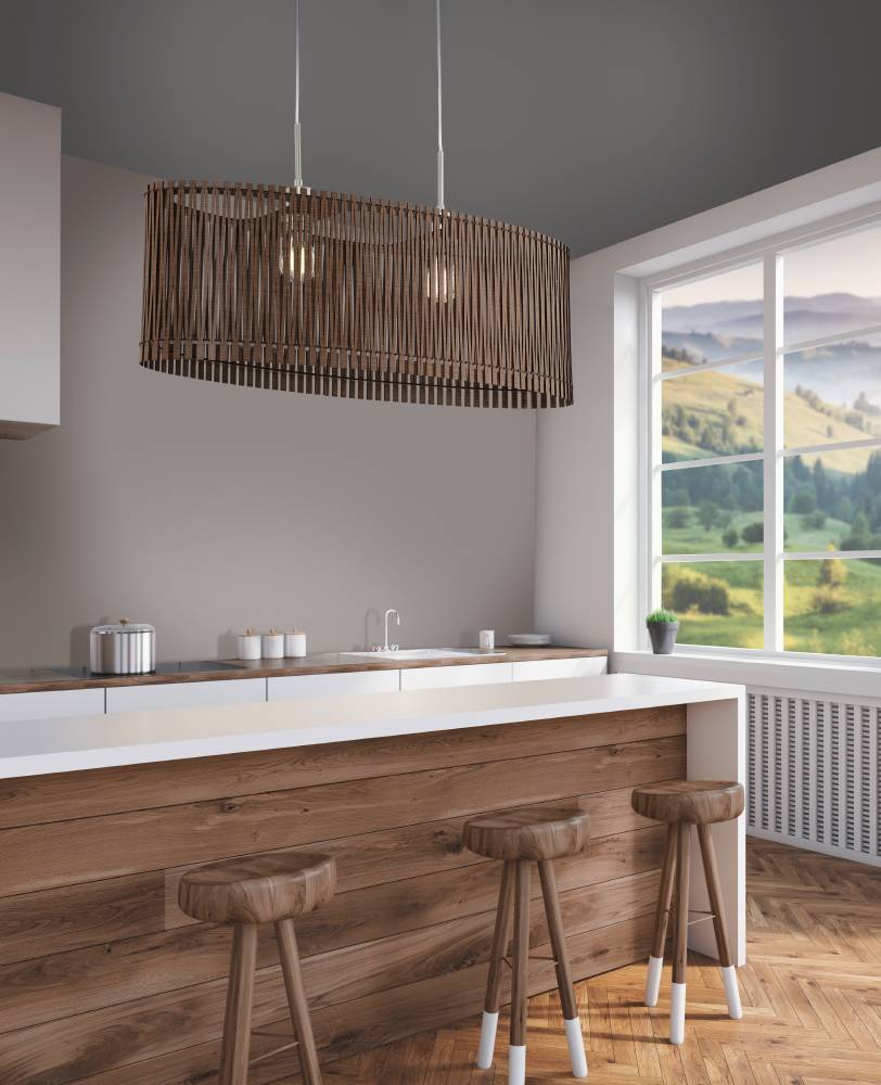 Sendero 77cm madera oscura Lámpas de techo De Eglo - La hermosa pantalla ovalada hecha de láminas de madera de color marrón proporciona una luz suave y agradable al tiempo que confiere a la estancia un ambiente cálido y acogedor.