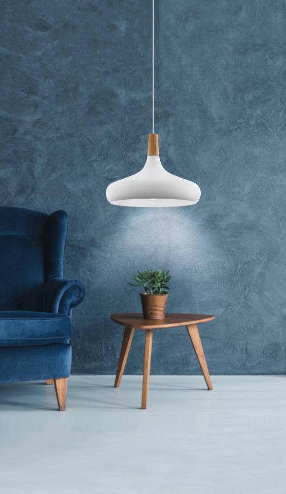 Sabinar Ø40 Blanco Lámpas de techo De Eglo - La pantalla blanca combinada con detalles de madera crea un aspecto elegante y n&oacute;rdico que encaja perfectamente sobre la cocina, la mesa del comedor o como foco decorativo.