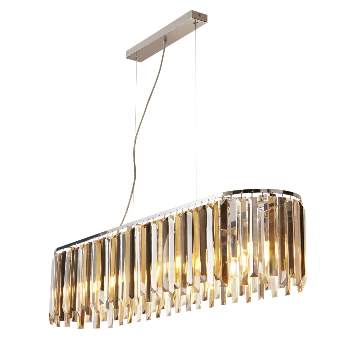 Clarissa 100cm Cromo Lámpas de techo De Searchlight - Una mezcla de gotas de cristal transparente, ámbar y ahumado cuelgan elegantemente sobre las velas, reflejando la luz sobre ellas.