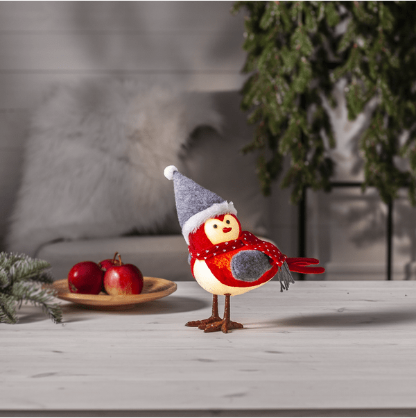 Joylight Pájaro ROJO De Star Trading - Adorno navide&ntilde;o a pilas con forma de un simp&aacute;tico p&aacute;jaro con vestido de invierno.
