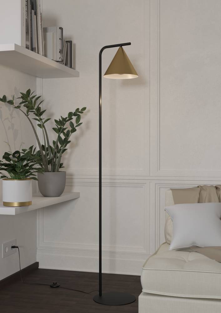 Narices Negro lámpara de pie De Eglo - Con un elegante marco negro y una impresionante pantalla con un contorno dorado, no solo ilumina su habitación, sino que también hace una declaración moderna en su diseño interior.