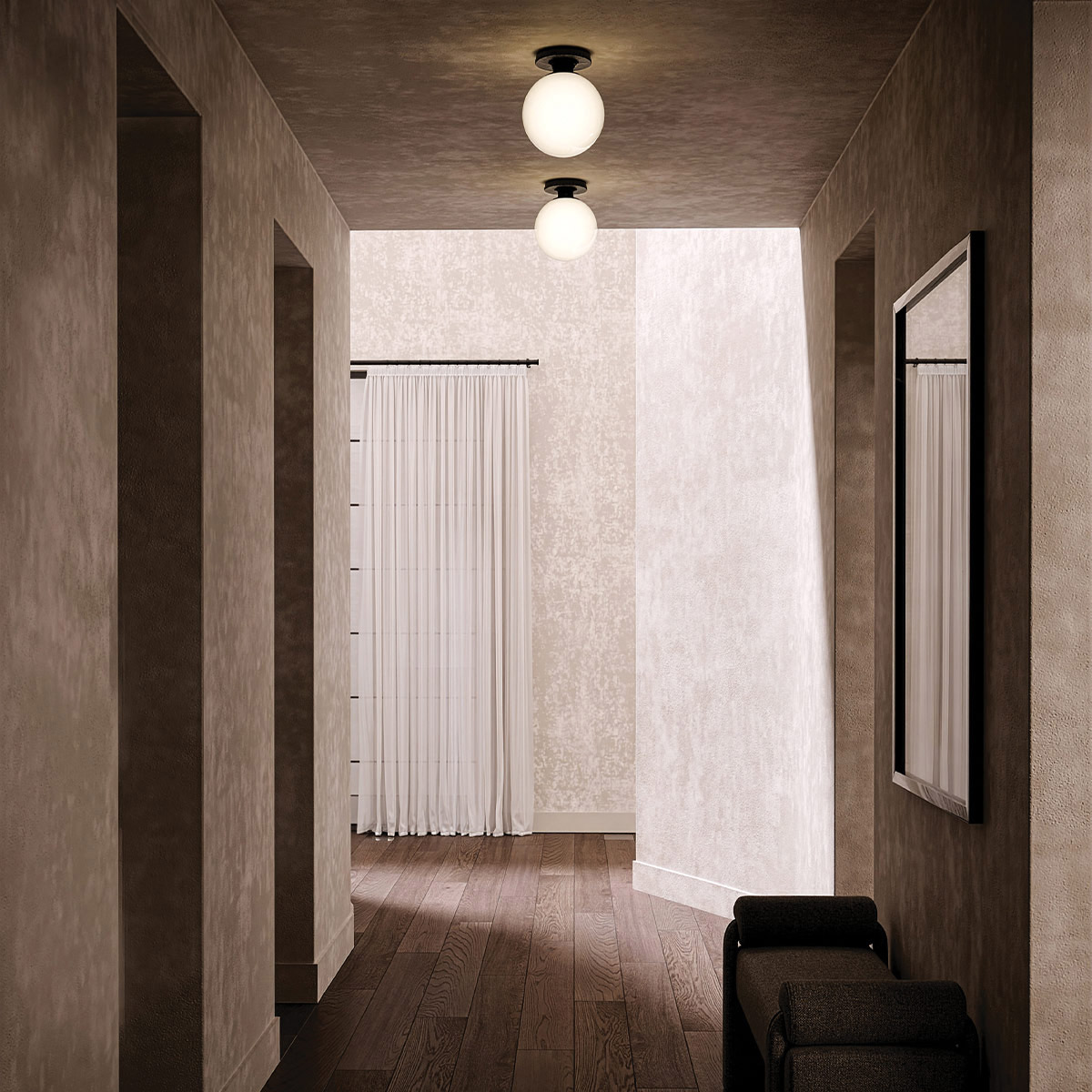 Otis Ø20 Negro lámpara de baño De Elstead Lighting - La l&aacute;mpara, de color negro mate, cuenta con una pantalla de dise&ntilde;o intrincado que le confiere un car&aacute;cter distintivo.