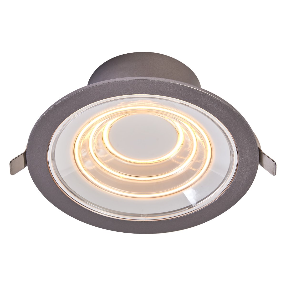 Decor Filament Ripple 9W Aluminio De Ledvance - En la primera posici&oacute;n se ilumina el c&iacute;rculo peque&ntilde;o del medio, en la segunda posici&oacute;n se ilumina el segundo c&iacute;rculo, en la tercera posici&oacute;n se ilumina el tercer c&iacute;rculo m&aacute;s externo y en la cuarta posici&oacute;n se iluminan los tres al mismo tiempo.