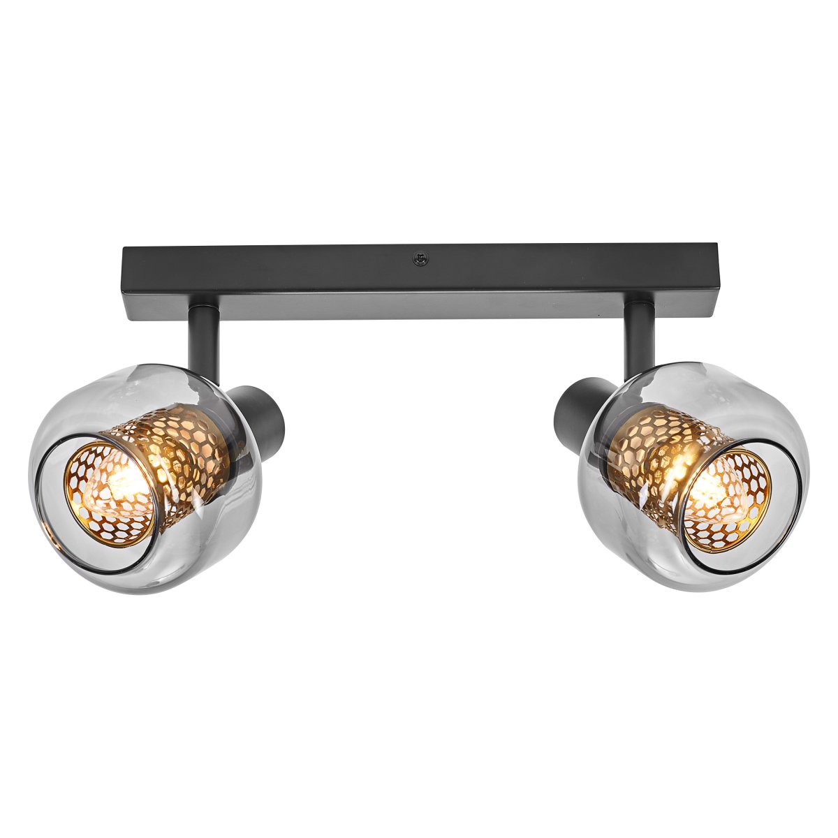 Firefly 2 Negro foco de techo De Osram - De r&ouml;rliga spotlightsen med sk&auml;rmar av gr&aring;tonat glas i kombination med de guldiga detaljh&ouml;ljet som omfamnar ljusk&auml;llorna bidrar med en elegans till rummet.