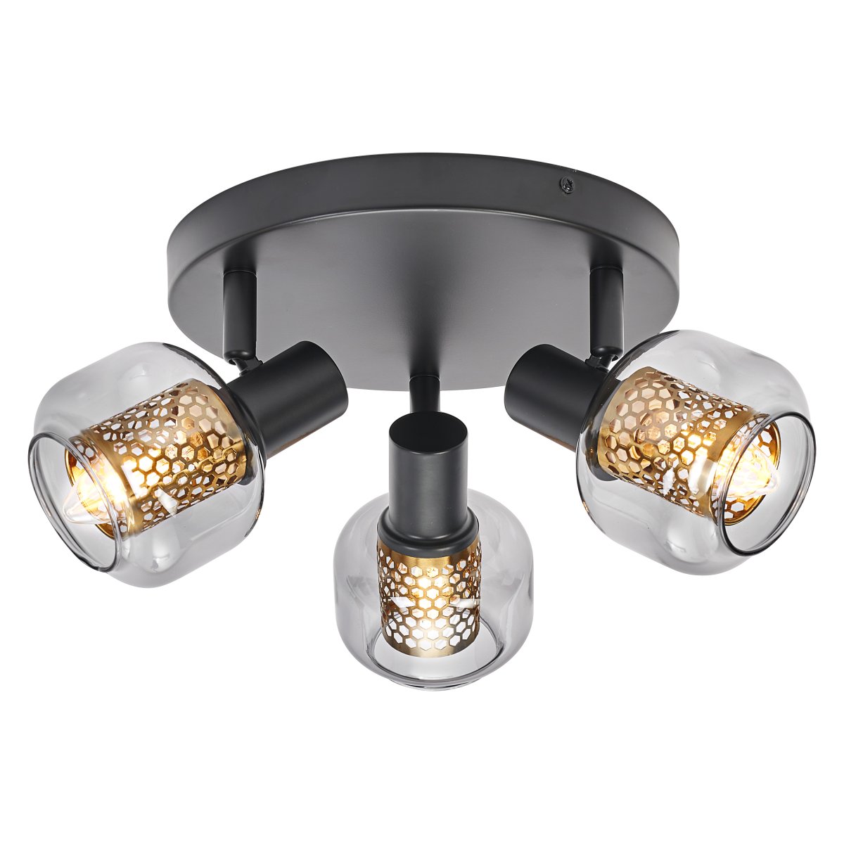 Firefly 3 Negro foco de techo De Ledvance - De r&ouml;rliga spotlightsen med sk&auml;rmar av gr&aring;tonat glas i kombination med de guldiga detaljh&ouml;ljet som omfamnar ljusk&auml;llorna bidrar med en elegans till rummet.