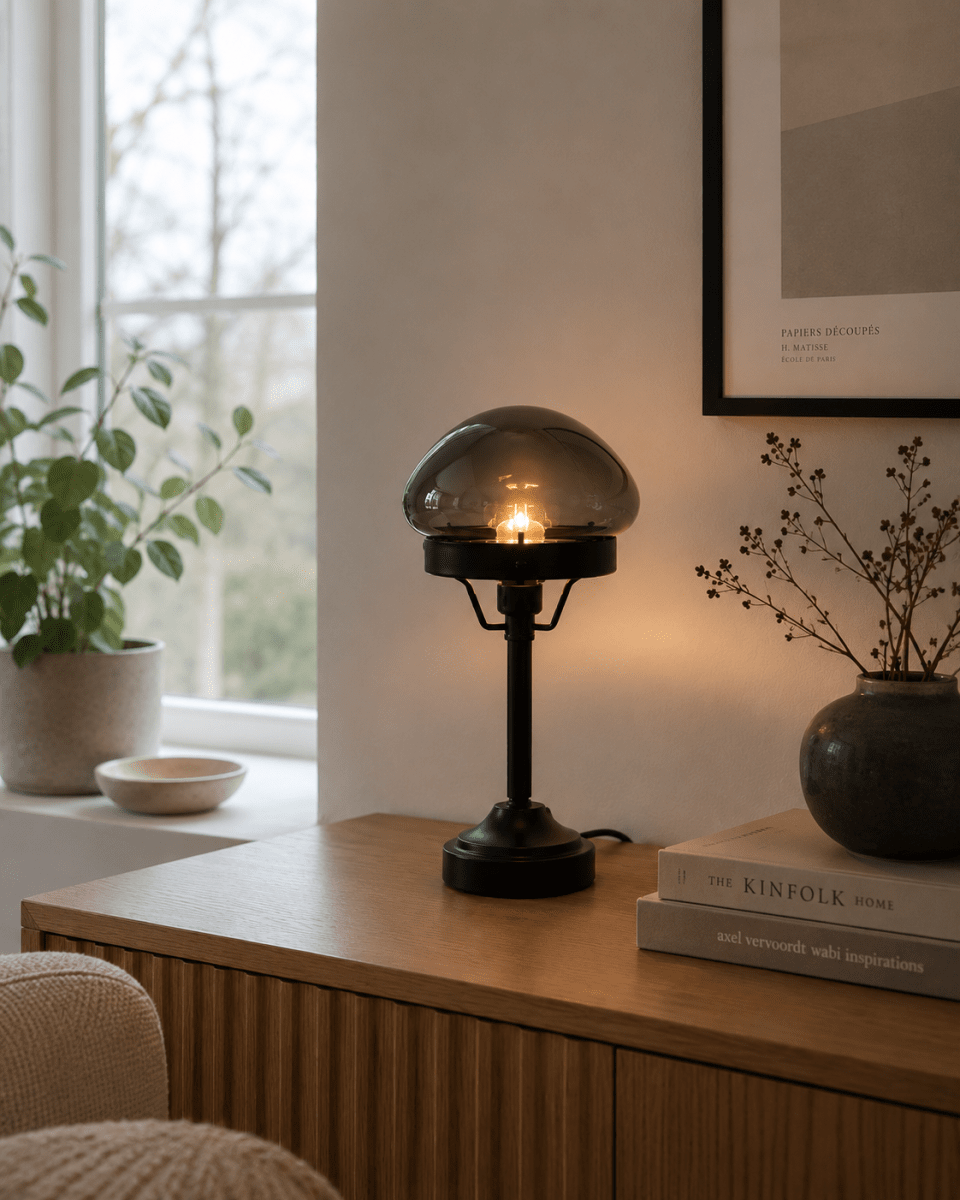 Jas 30cm Negro lámpara de mesa De Lampan - Cuenta con una base de metal negro y una pantalla curva de cristal ahumado que difunde una luz suave y agradable.