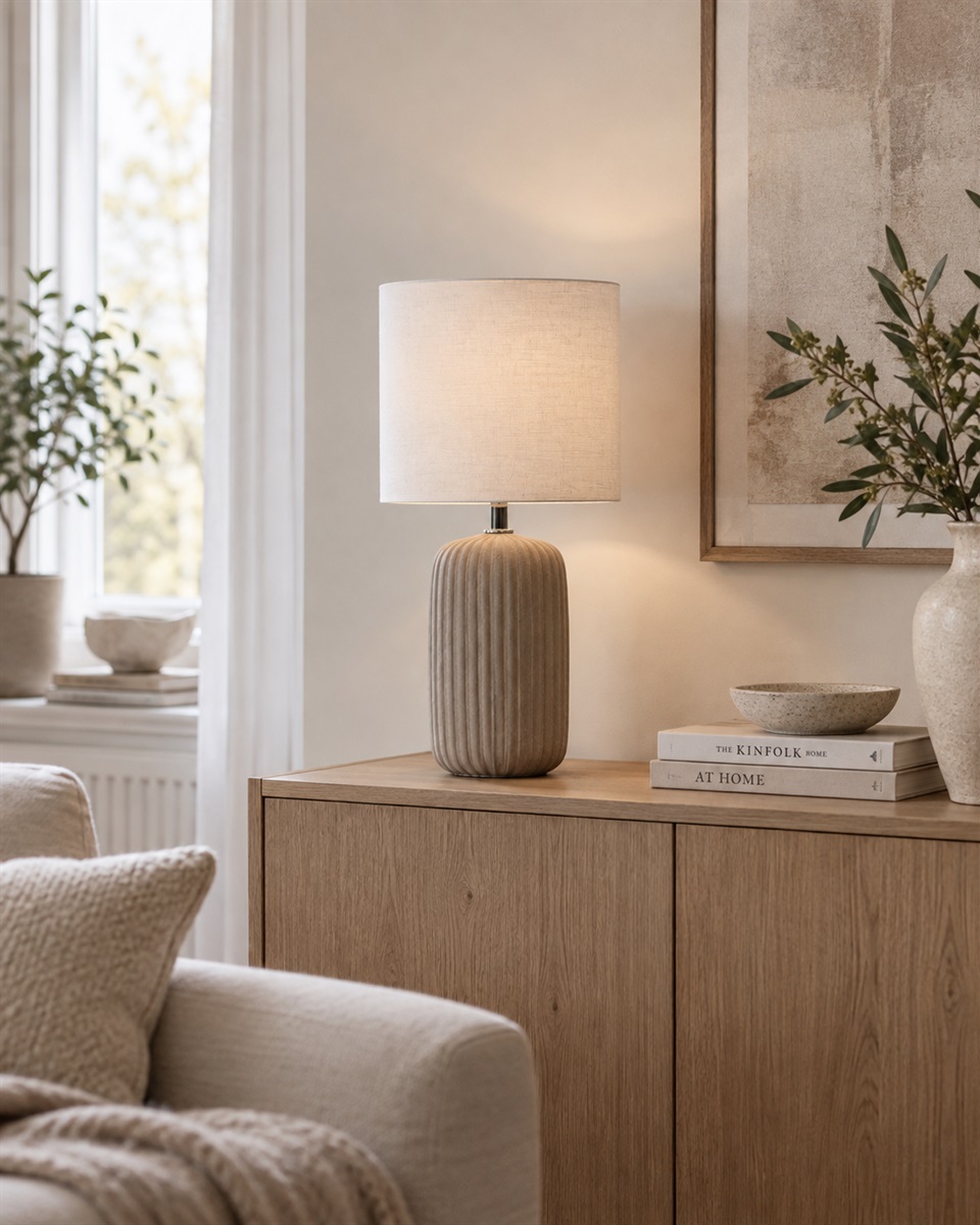 Palizzo 33cm Marrón lámpara de mesa De Nordic Lighting - Palizzo es una elegante l&aacute;mpara de mesa con una base alargada de cer&aacute;mica y una cl&aacute;sica pantalla de tela blanca.