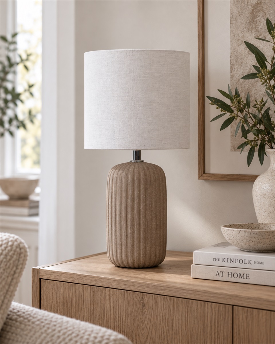 Palizzo 33cm Marrón lámpara de mesa De Nordic Lighting - Palizzo es una elegante l&aacute;mpara de mesa con una base alargada de cer&aacute;mica y una cl&aacute;sica pantalla de tela blanca.