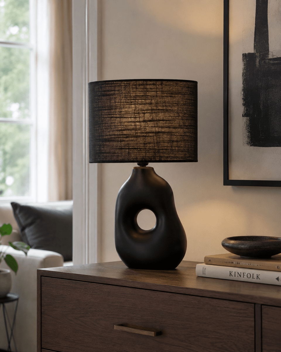 Pikazo 45cm Negro lámpara de mesa De Lampan - La l&aacute;mpara de mesa Pikazo negra cautiva con su exclusiva base de cer&aacute;mica escultural, con una perforaci&oacute;n decorativa y una pantalla ovalada de lino a juego.