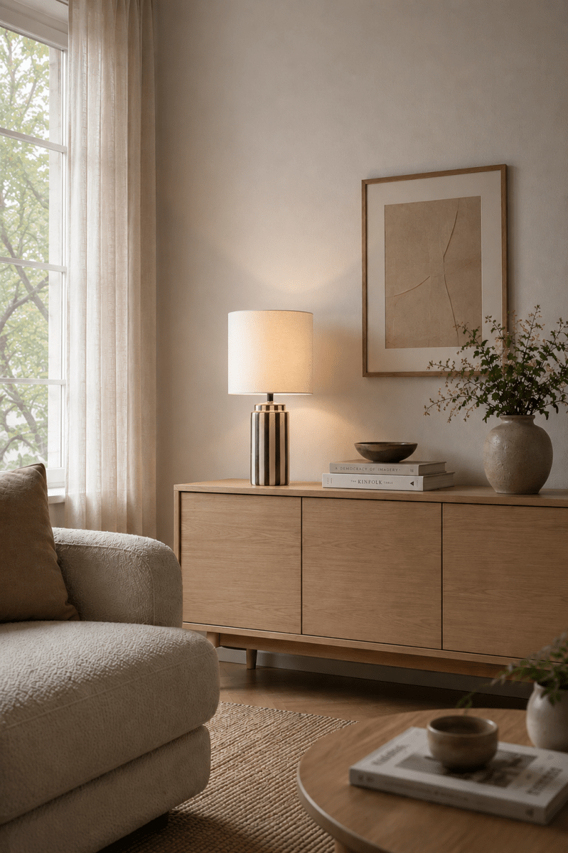 Faro 50cm Marrón/blanco lámpara de mesa De Nordic Lighting - Faro es una elegante l&aacute;mpara de mesa que combina una forma cl&aacute;sica con un dise&ntilde;o gr&aacute;fico.