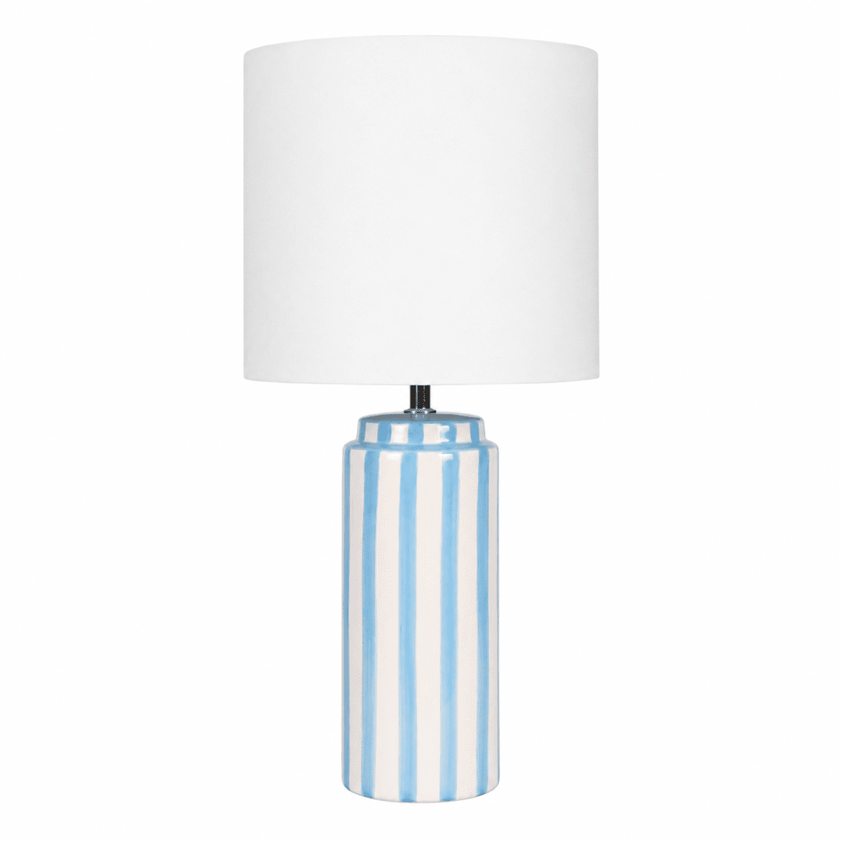 Faro 50cm Azul claro/blanco lámpara de mesa De Nordic Lighting - La base de cer&aacute;mica es de color blanco crema con rayas azul claro, creando un aspecto vibrante y armonioso.